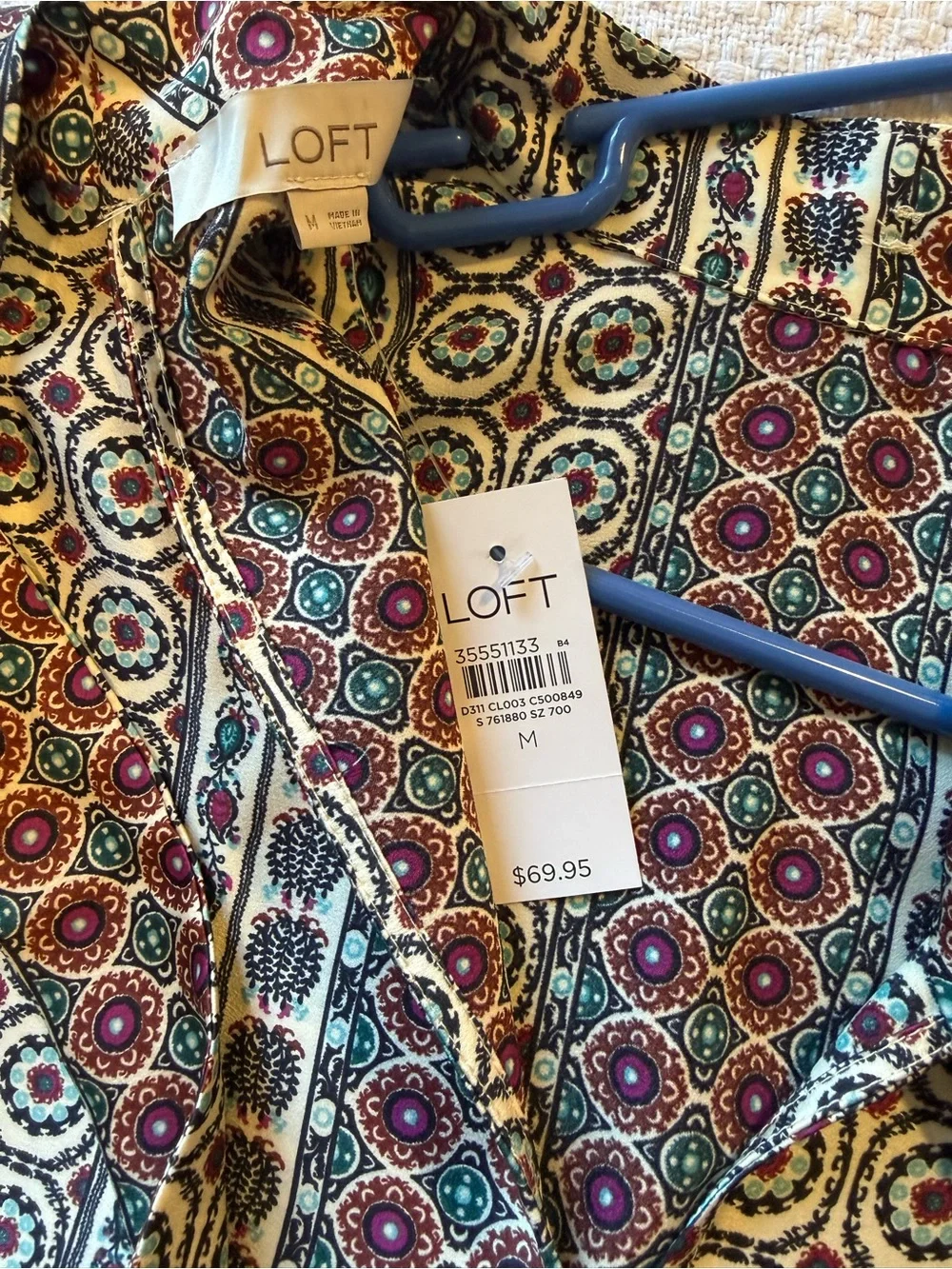 LOFT Cream Blouse with Burgundy & Teal Medallion Print